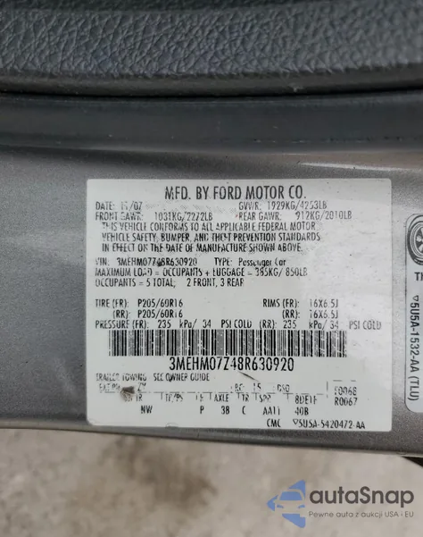 2008 Mercury Milan z USA, uszkodzony, nr VIN 3MEHM07Z48R630920